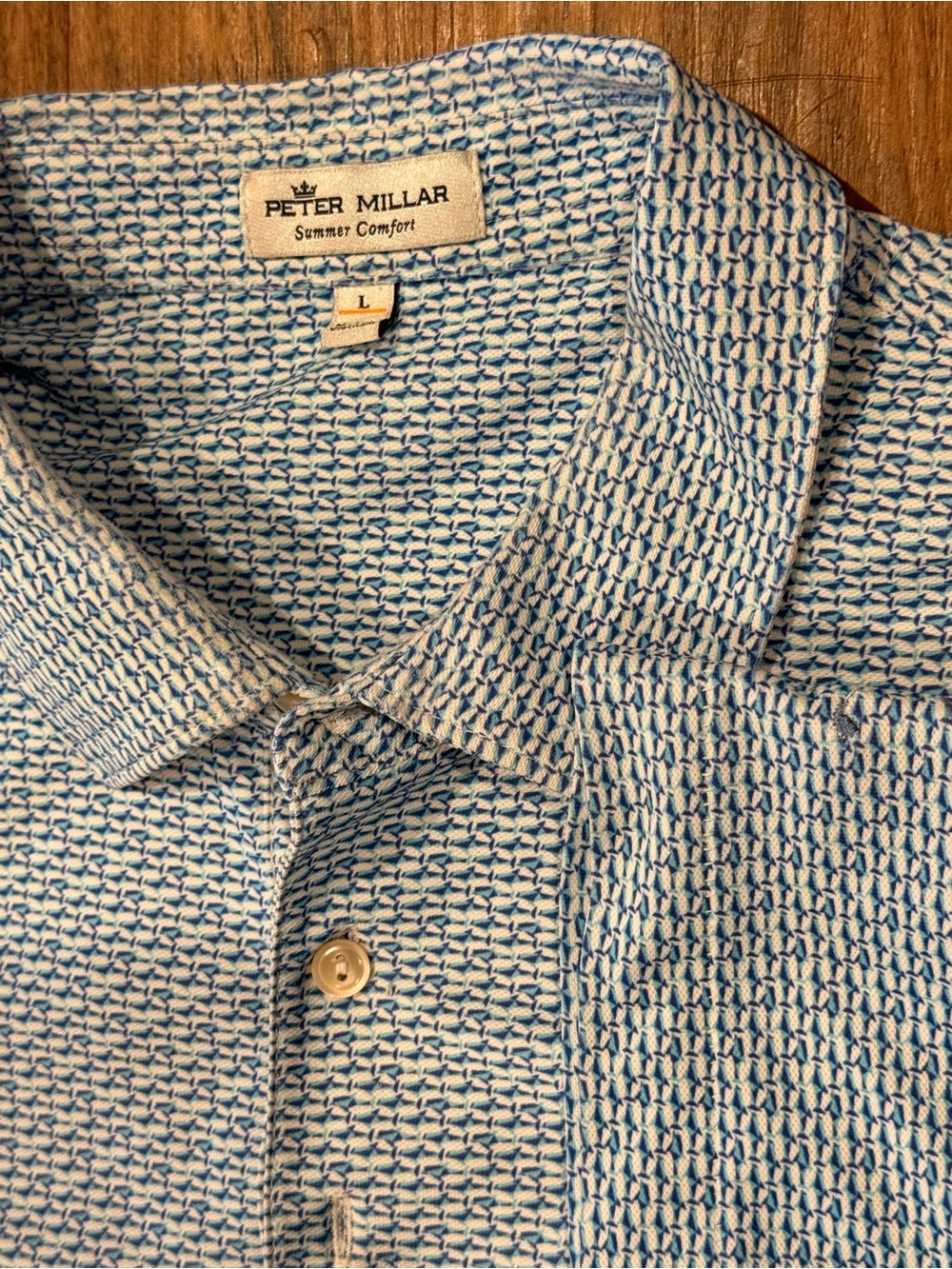 Peter Millar Summer Comfort Polo L Blue Geometric AOP Horseshoe Bay Golf Club